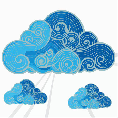 An elegant illustration of stylized blue clouds, rendered with intricate swirling patterns reminiscent of traditional Asian woodblock art.のイラスト素材