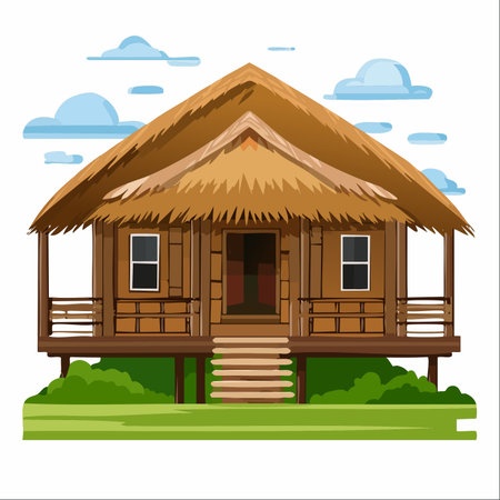 A charming vector illustration of a traditional Filipino Bahay Kubo, a stilt house with a nipa thatched roof.のイラスト素材
