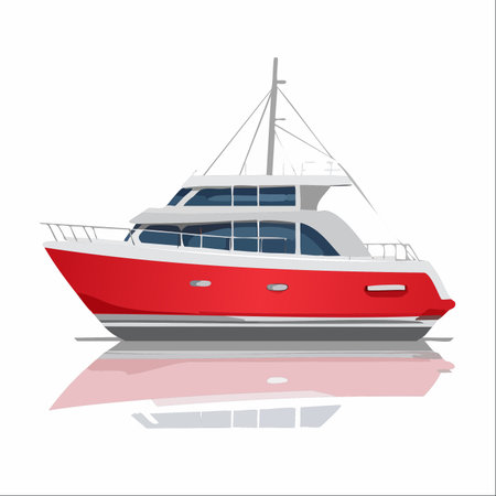 A sleek, modern red motor yacht is depicted on calm waters, its perfect reflection shimmering below.のイラスト素材