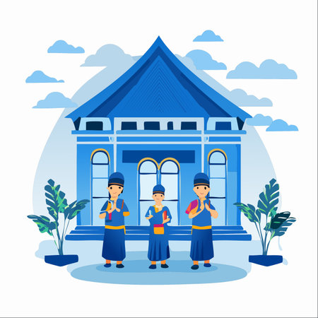 A heartwarming vector illustration of an Indonesian family dressed in traditional blue attire, standing together in front of a grand traditional house.のイラスト素材