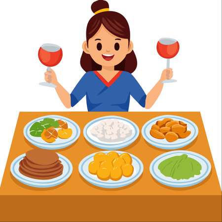 A cheerful woman raises two glasses of red wine in a toast, ready to enjoy a lavish and festive meal spread out before her. This illustration captures a moment of joy, abundance, and celebration.のイラスト素材