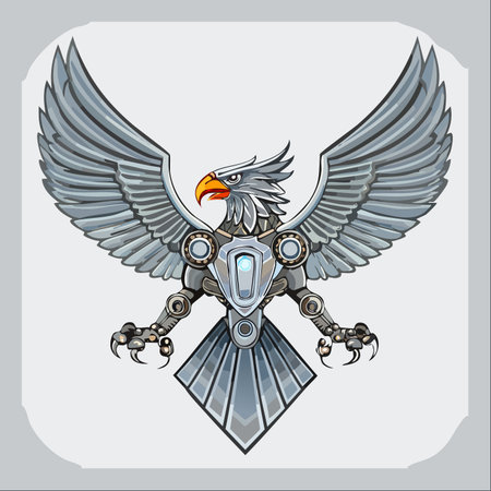 A powerful robotic eagle, a symbol of future technology and strength, spreads its metallic wings.のイラスト素材