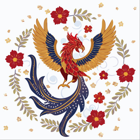 A majestic phoenix, a symbol of rebirth and good fortune, spreads its vibrant gold and red wings.のイラスト素材
