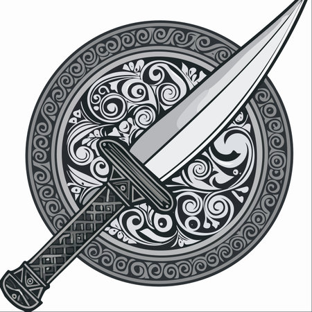 A finely crafted dagger rests upon an intricately detailed shield, a symbol of ancient warrior culture and legendary battles.のイラスト素材