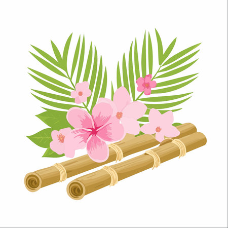 An elegant arrangement of bamboo sticks, delicate pink plumeria blossoms, and lush palm leaves.のイラスト素材
