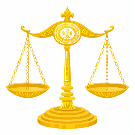 An elegant illustration of golden scales of justice, isolated on a white background. This classic symbol represents fairness, balance, and the weight of evidence in legal and ethical decisions.のイラスト素材