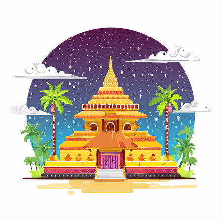 A vibrant illustration of a sacred golden temple, possibly inspired by Sri Lankan architecture, stands peacefully under a magical, star-filled night sky.のイラスト素材