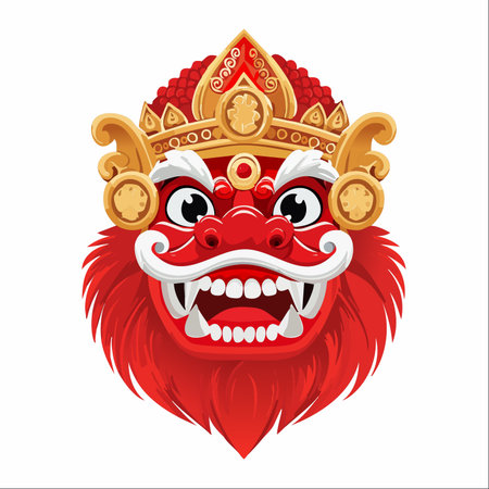 A vibrant vector illustration of a traditional Balinese Barong mask, isolated on a white background.のイラスト素材