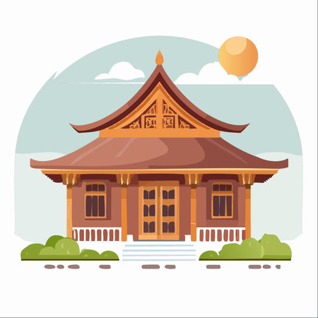 A serene illustration of a traditional Asian temple, standing peacefully under a warm sun.のイラスト素材