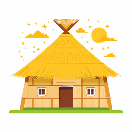 A charming illustration of a traditional thatched-roof hut set against a whimsical sky.のイラスト素材