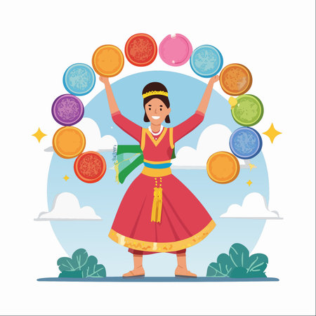 A joyful woman in beautiful traditional attire presents a vibrant array of decorated mooncakes, celebrating the abundance and togetherness of the Mid-Autumn Festival under a clear blue sky.のイラスト素材