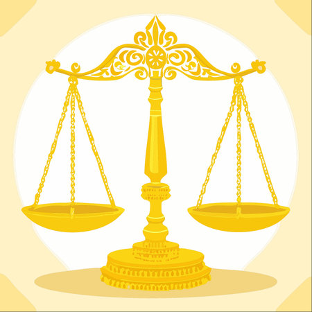 An elegant, golden illustration of the scales of justice, perfectly balanced. This classic symbol represents fairness, equality, and the weight of evidence in legal and ethical decisions.のイラスト素材