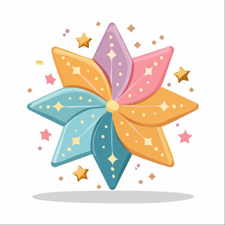 A whimsical, colorful star flower bursts with magical energy, scattering smaller stars and festive sparkles.のイラスト素材