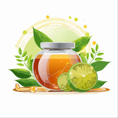 A vibrant illustration of a glass jar filled with golden honey, accompanied by fresh lime slices and lush green leaves.のイラスト素材