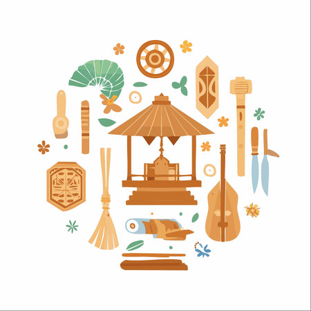A beautifully arranged collection of traditional Southeast Asian cultural items, illustrated in a modern, flat style.のイラスト素材