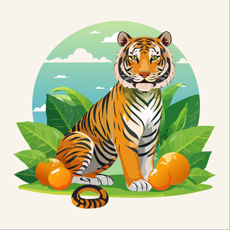 A majestic tiger sits peacefully amidst lush tropical leaves and vibrant oranges.のイラスト素材