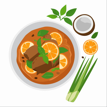 A vibrant, top-down illustration captures the essence of a delicious Thai meal. A rich, spicy duck curry, garnished with fresh orange slices and basil, sits ready to be enjoyed.のイラスト素材