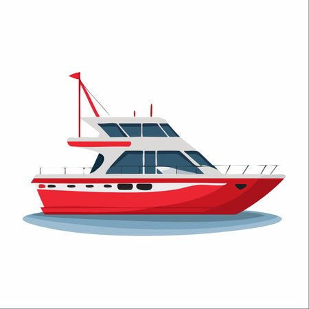 A sleek, red motor yacht glides across calm waters, representing a luxurious escape and the promise of adventure.のイラスト素材