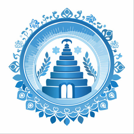 An elegant illustration of a sacred Asian temple or stupa, rendered in serene shades of blue.のイラスト素材