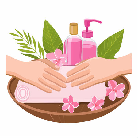 A serene spa setting where gentle hands are pampered with fragrant oils and lotions.のイラスト素材