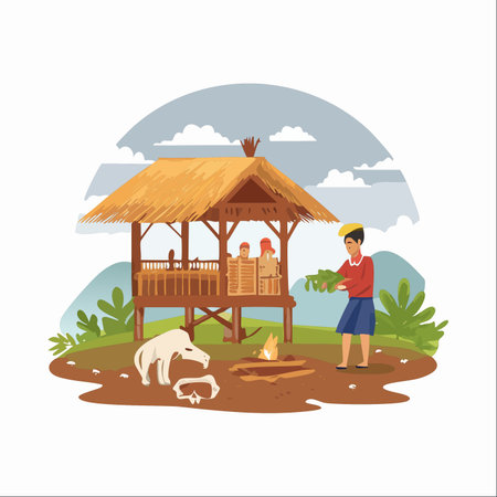 A scene depicting the simplicity and tradition of rural village life. A young person tends to a campfire in front of a traditional stilt house, while others rest inside.のイラスト素材