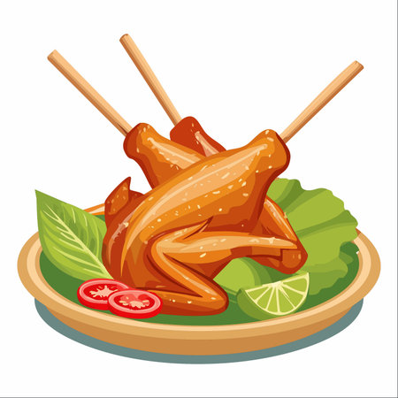 A tempting platter of perfectly grilled chicken, glistening and golden-brown, served on skewers for easy enjoyment.のイラスト素材