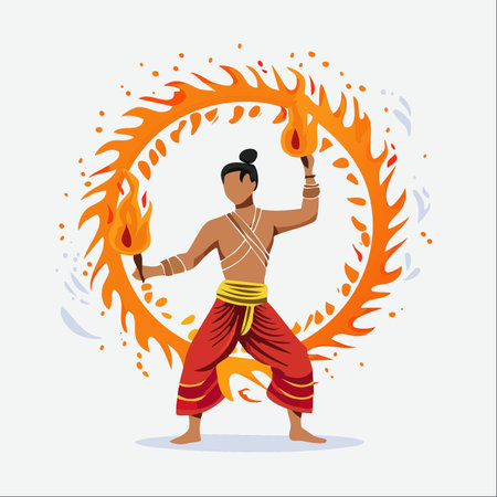 A skilled male performer, dressed in traditional attire, captivates with a dangerous and mesmerizing fire dance.のイラスト素材