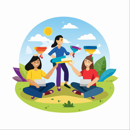A vibrant illustration of three women working together in a park.のイラスト素材