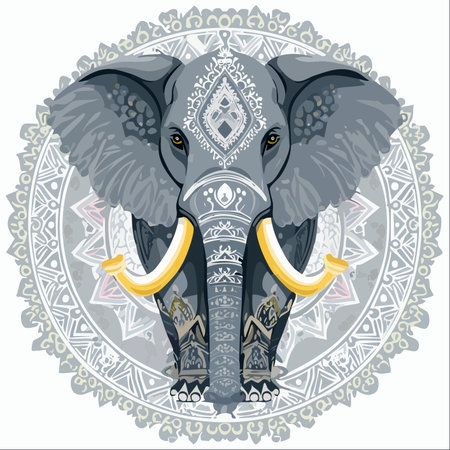 A beautifully decorated elephant stands majestically against a detailed mandala backdrop.のイラスト素材