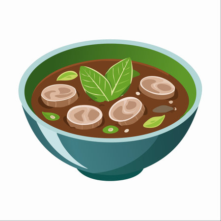 A steaming bowl of traditional Asian soup, featuring a rich, dark broth, tender slices of meat, and a fresh basil garnish.のイラスト素材