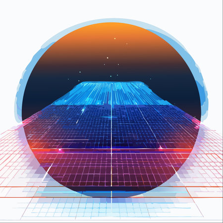 A digital mountain rises from a glowing neon grid, set against a cosmic sunset.のイラスト素材