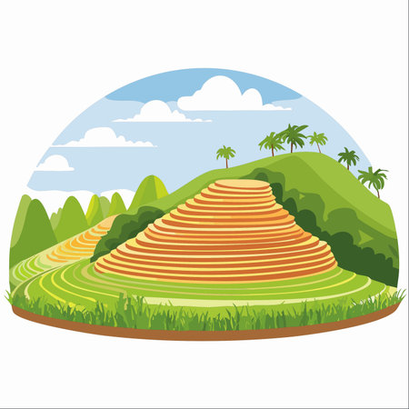 A vibrant vector illustration captures the serene beauty of Asian rice terraces carved into a lush green hillside.のイラスト素材