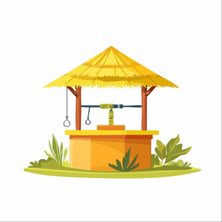 A charming illustration of a traditional village water well with a rustic thatched roof, isolated on a white background.のイラスト素材
