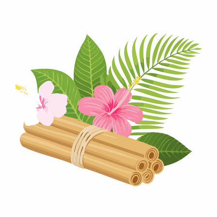 A beautifully arranged composition of fragrant cinnamon sticks, vibrant hibiscus flowers, and lush tropical leaves.のイラスト素材