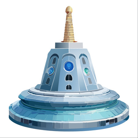 An isolated vector illustration of a futuristic temple, blending ancient spiritual design with advanced technology.のイラスト素材