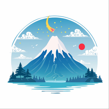A serene and magical landscape where day and night coexist. A majestic, snow-capped Mount Fuji presides over a tranquil lake, while the red sun and a star-dusted crescent moon share the sky.のイラスト素材