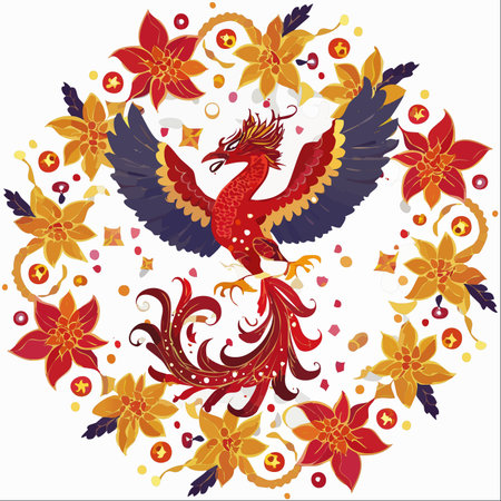 A magnificent phoenix, a symbol of rebirth and immortality, spreads its vibrant wings at the center of a celebratory floral wreath.のイラスト素材