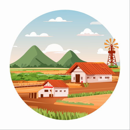 A tranquil farm scene unfolds under a clear sky, nestled against a backdrop of rolling mountains.のイラスト素材