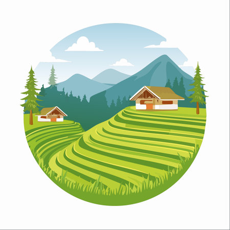 A peaceful rural village rests among vibrant green rice terraces cascading down the hillside.のイラスト素材