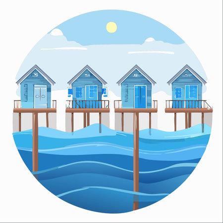 A tranquil coastal village with charming blue houses stands peacefully on stilts above the gentle ocean waves.のイラスト素材