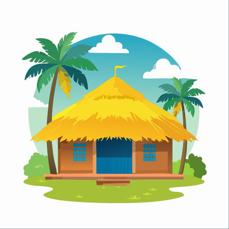 A charming vector illustration of a peaceful tropical hut nestled among lush palm trees.のイラスト素材