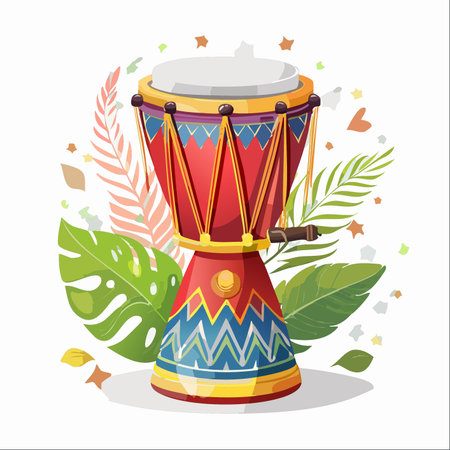 An energetic and colorful illustration of a traditional African djembe drum, bursting with life.のイラスト素材