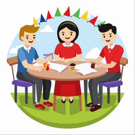 A group of three diverse young friends gathers at a table in a park for a collaborative study session.のイラスト素材