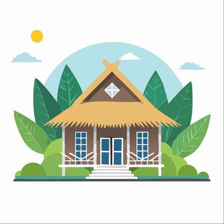 Escape to a tranquil paradise with this charming illustration of a tropical hut.のイラスト素材