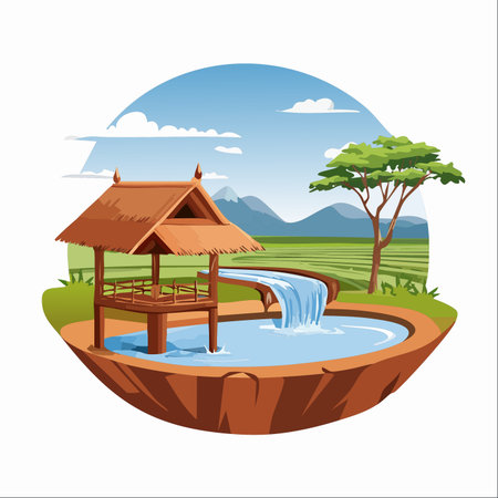 A serene wooden pavilion with a thatched roof offers a peaceful retreat next to a gentle waterfall.のイラスト素材