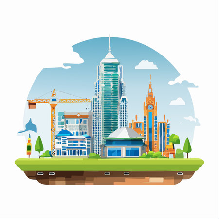 A vibrant, modern city rises towards the sky from a lush, green floating island.のイラスト素材