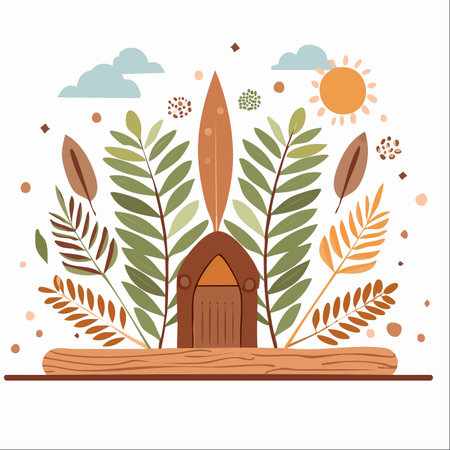 Tucked away on a sun-drenched log, a tiny, enchanting home stands hidden amongst lush botanical leaves and ferns.のイラスト素材