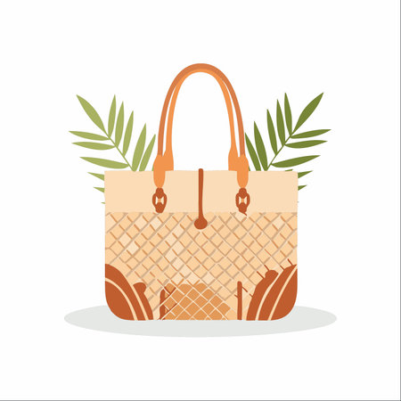 An elegant illustration of a woven summer tote bag, perfect for a sunny beach day or a tropical vacation.のイラスト素材