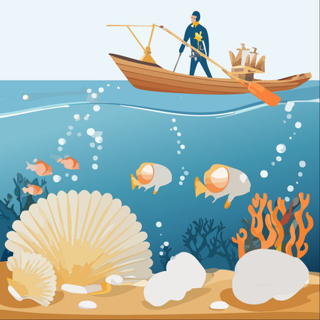 An explorer in a specialized vessel glides across the calm sea, observing the vibrant marine ecosystem below.のイラスト素材