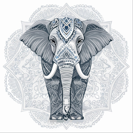 A majestic elephant, adorned with intricate tribal and ethnic patterns, stands serenely against a delicate mandala backdrop.のイラスト素材